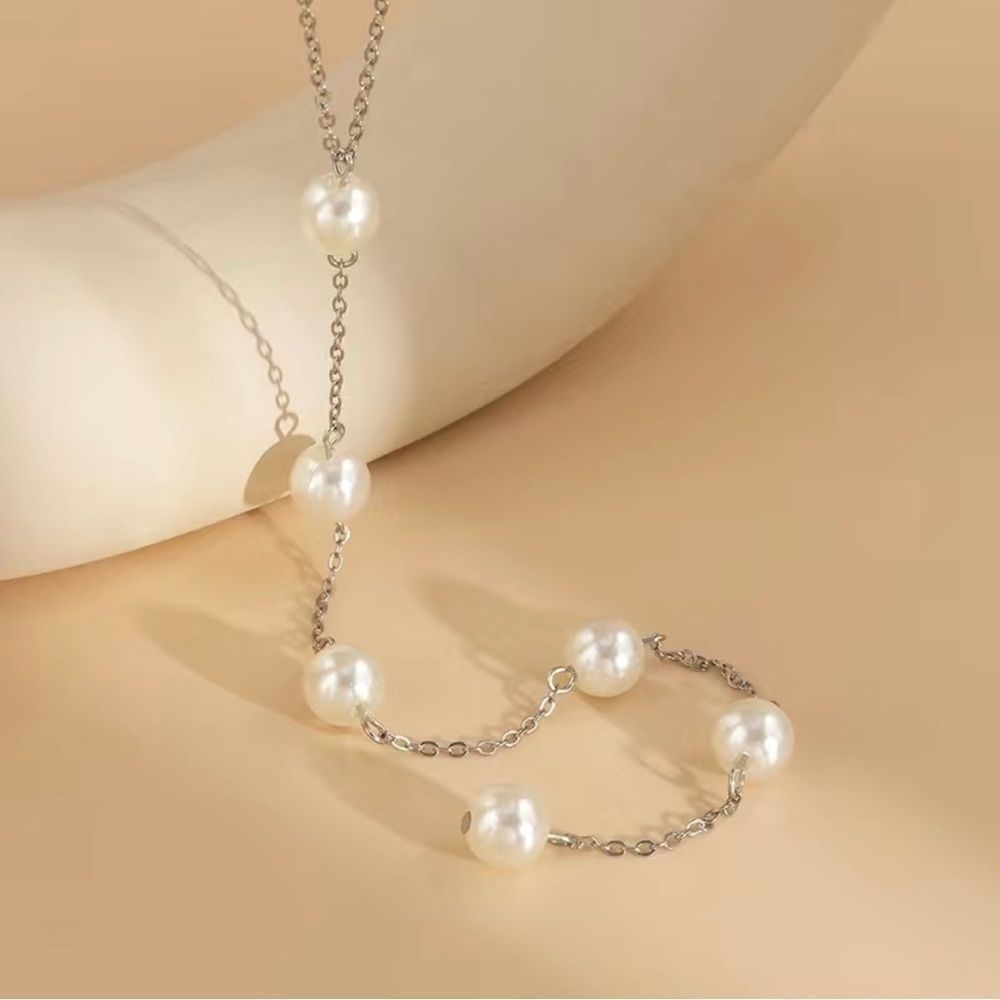 Silver and pearl long dangle necklace, adjustable, simple necklace, 7.8” d… - Picture 3 of 3